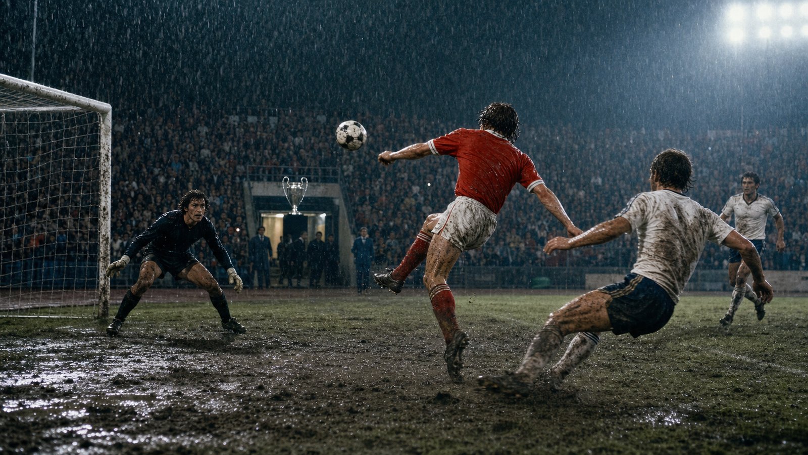 A red-shirted forward attacks a cross in a muddy European final under heavy rain