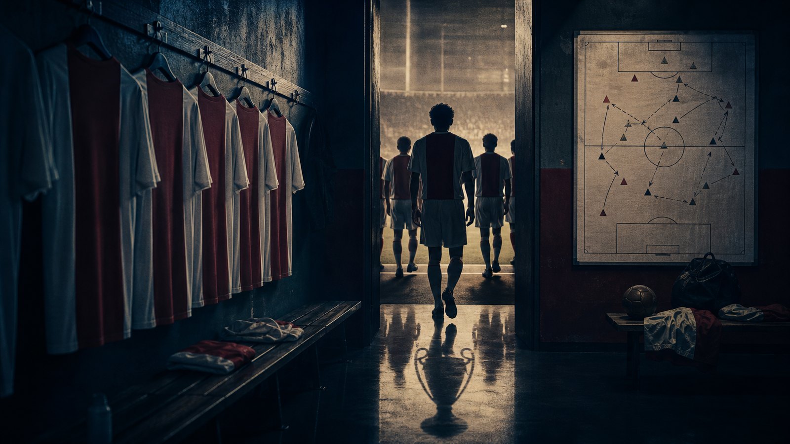 A red-and-white dressing-room corridor and tactics board evoke Ajax in 1995 without official marks.