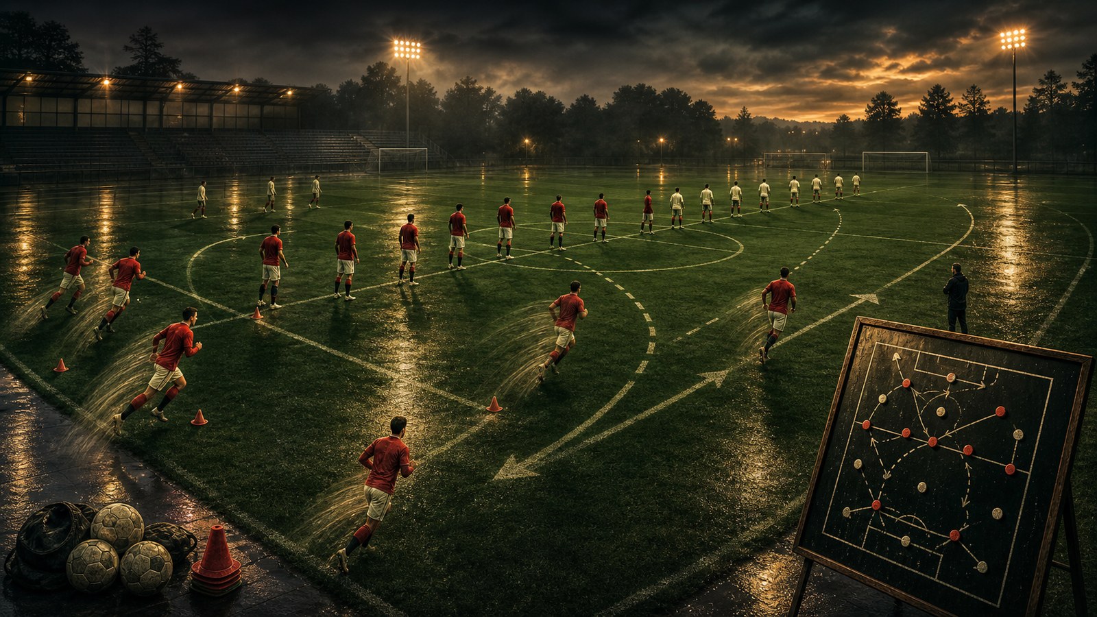 Generic red and cream players rehearse compact spacing and recovery runs on a wet training ground at dusk