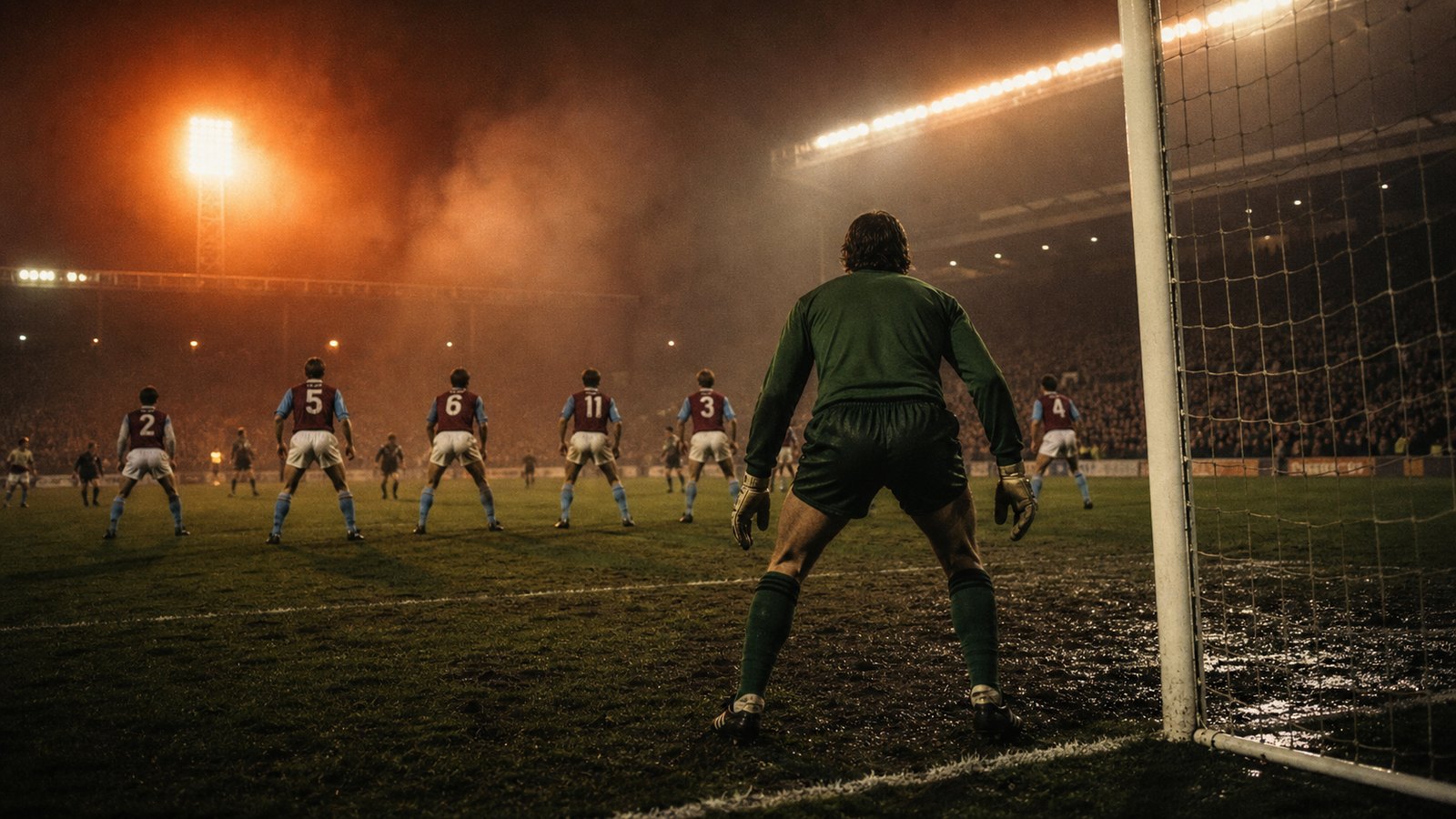 A substitute goalkeeper faces pressure from behind a defensive line in a rainy European final scene.