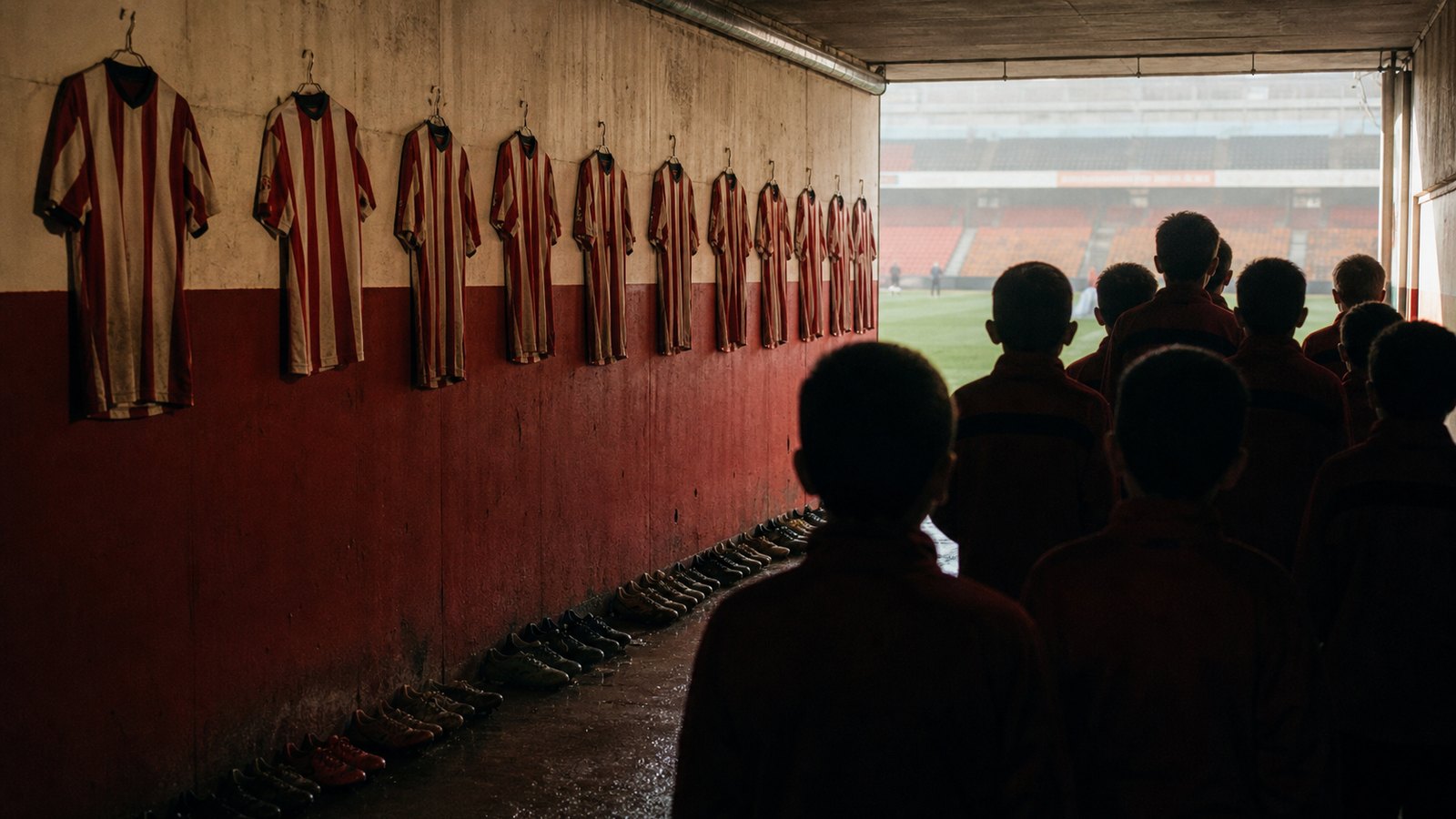 A tunnel of plain red-and-white shirts by age group suggests Athletic Bilbao’s cantera pipeline.