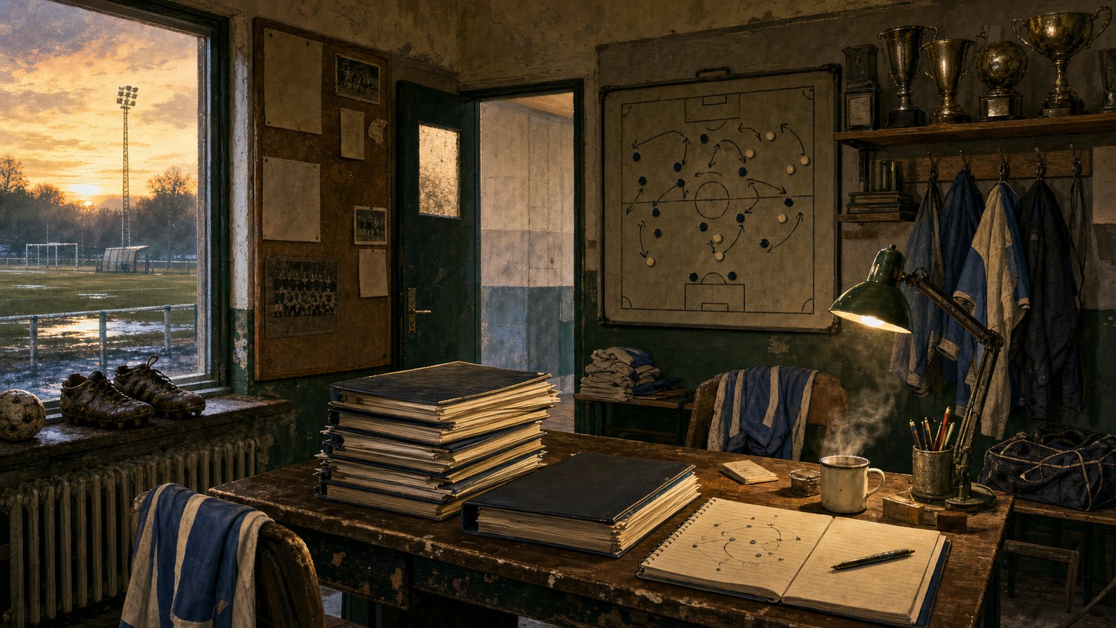 A modest small-club office with boots, youth folders, tactical board, and cup silhouettes near the pitch.