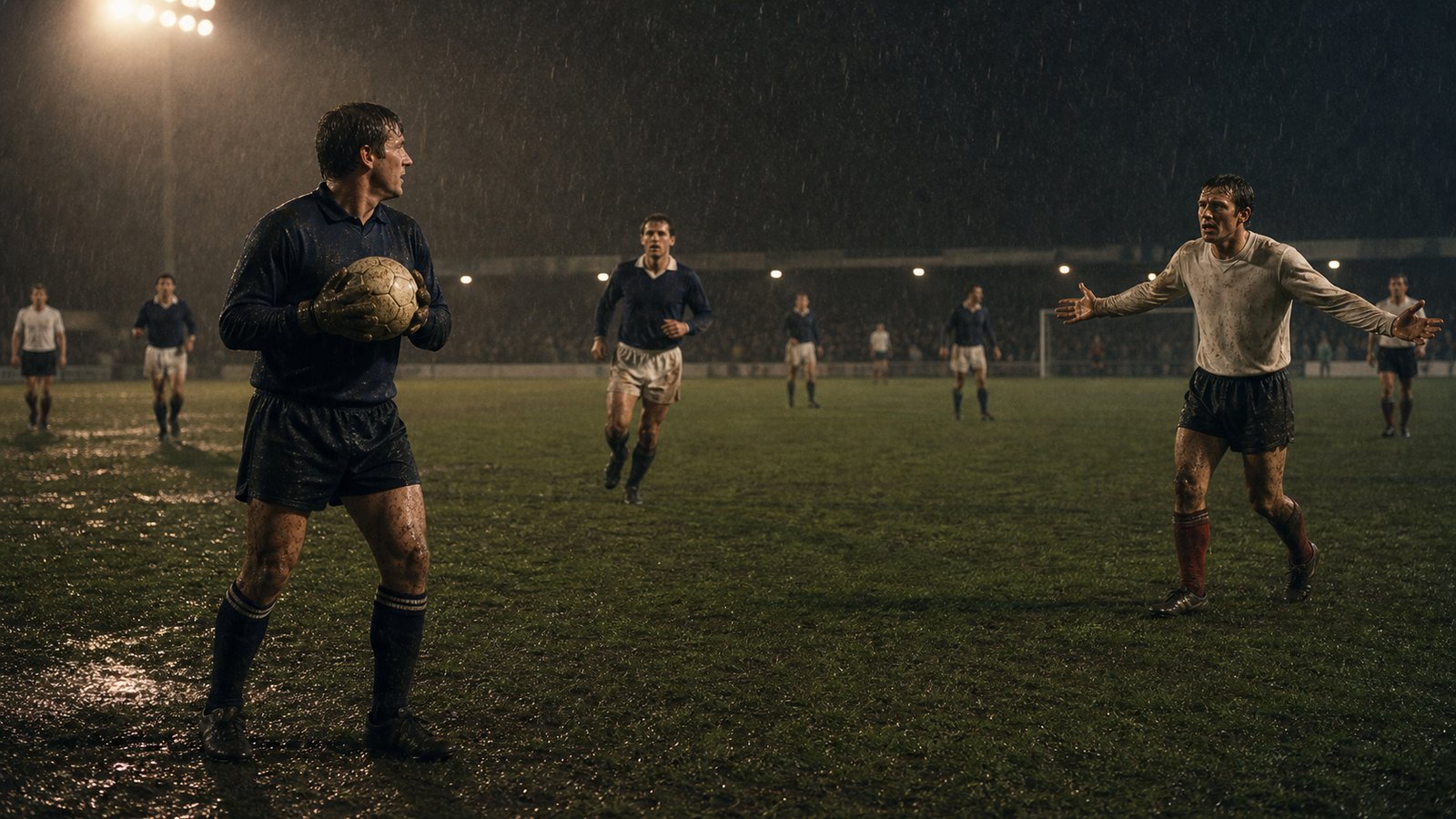 A goalkeeper receives a rolling pass as an opposing forward closes under floodlights