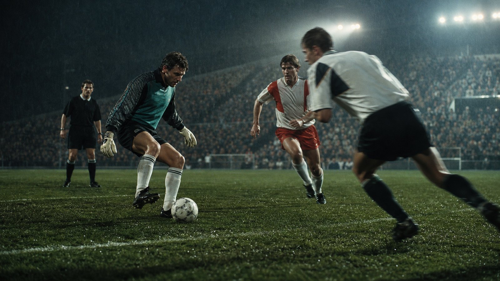 An early-1990s goalkeeper controls a pass at his feet while attackers enter the penalty area