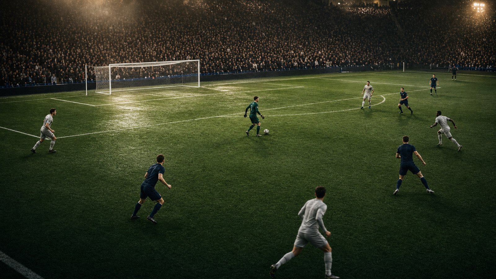 A modern goalkeeper builds play with defenders spread wide against a press