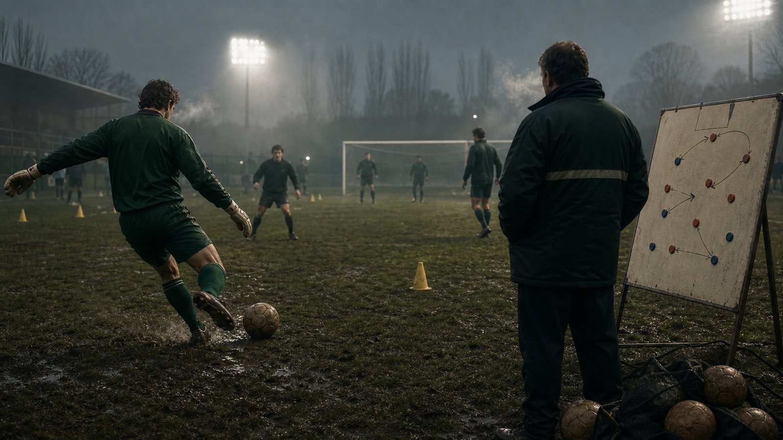 Early 1990s goalkeeper training first-time passes under a coach's tactics board