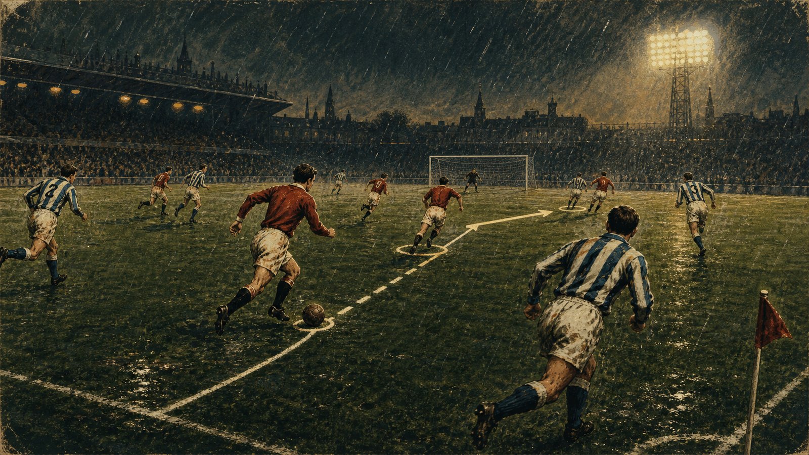 Anonymous red-shirted attackers break through rain under old floodlights as chalk arrows show a fast European Cup counterattack.