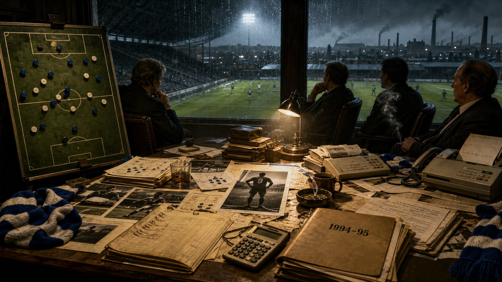 A 1990s football boardroom overlooking a pitch with scouting reports and blue-and-white scarves