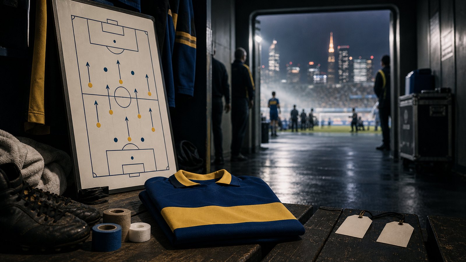 A blue-and-gold dressing-room and quick vertical arrows evoke Boca’s Intercontinental Cup plan.