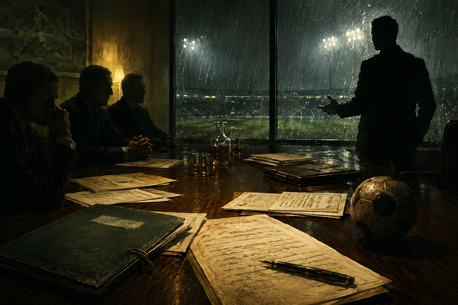 A painterly 1990s football boardroom negotiation scene with contracts on the table and a rain-lit pitch beyond the window.