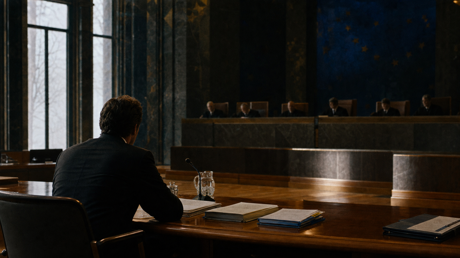 Wide cinematic courtroom scene: claimant alone at a long table facing a raised bench of judges in December 1995.