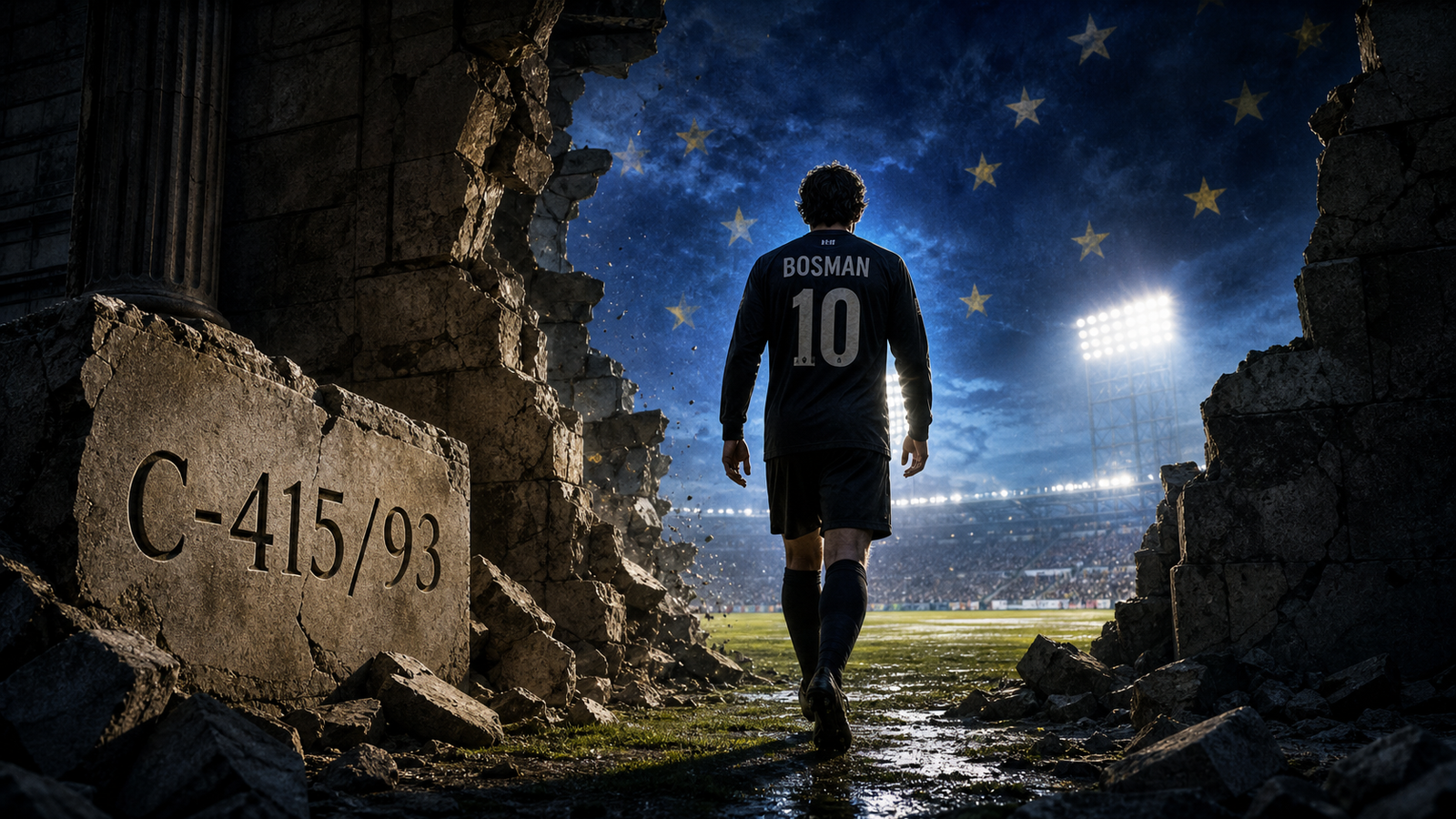 Wide cinematic poster: BOSMAN 10 player walking from a broken courthouse wall toward a floodlit pitch, with C-415/93 on stone.