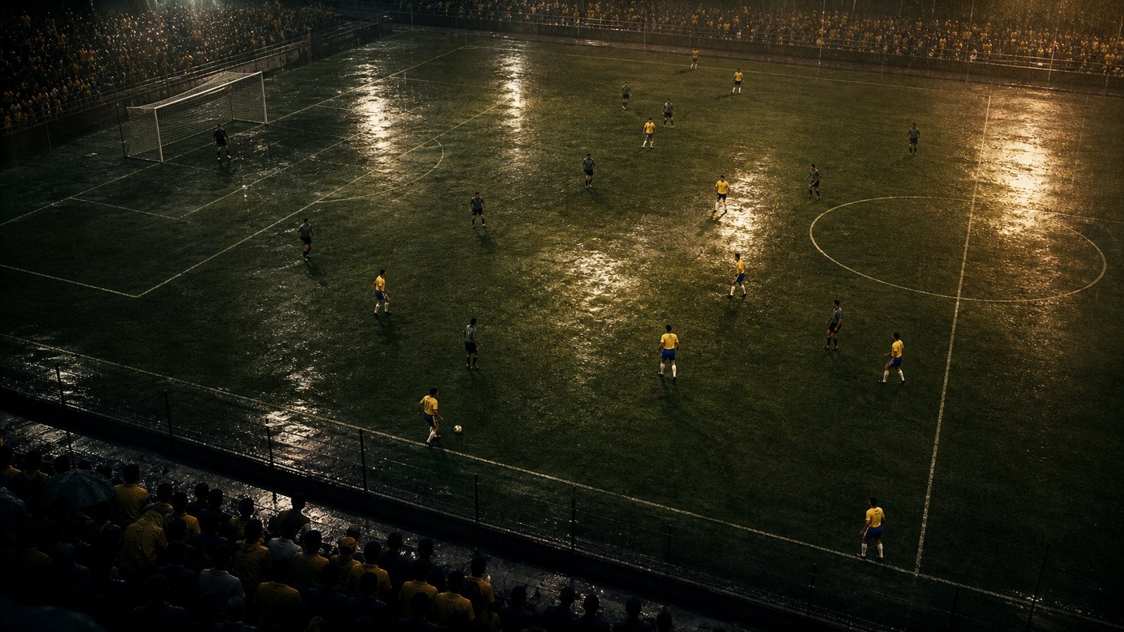 A tactical stadium scene showing yellow and blue players around an exposed central corridor on wet grass