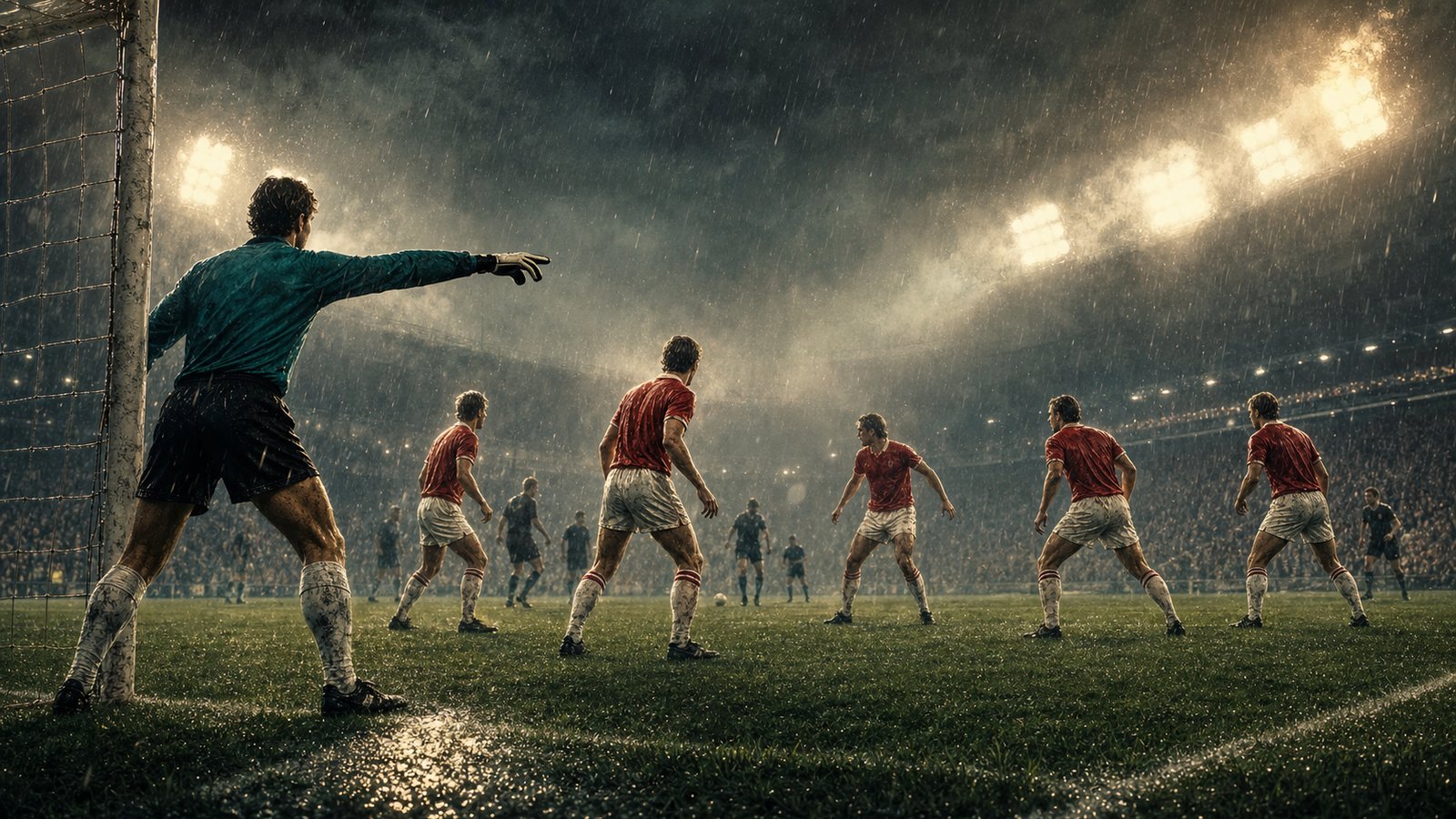 A compact red-shirted side defends a wet penalty area under floodlights before breaking into transition.