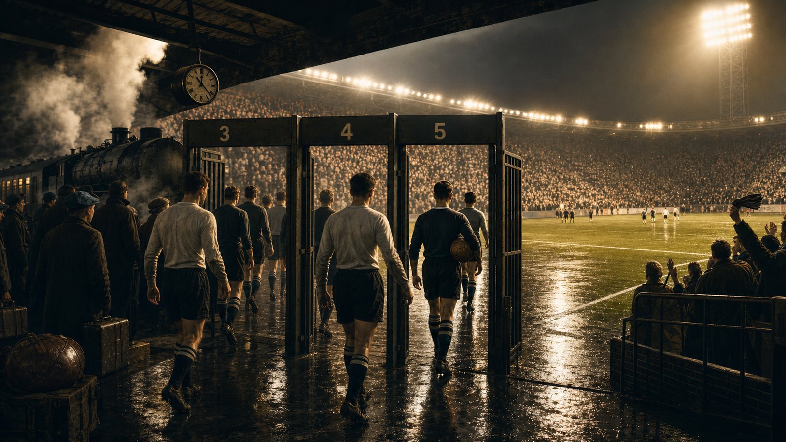 Old terrace and turnstile scene evoking the first Bundesliga era under floodlights.