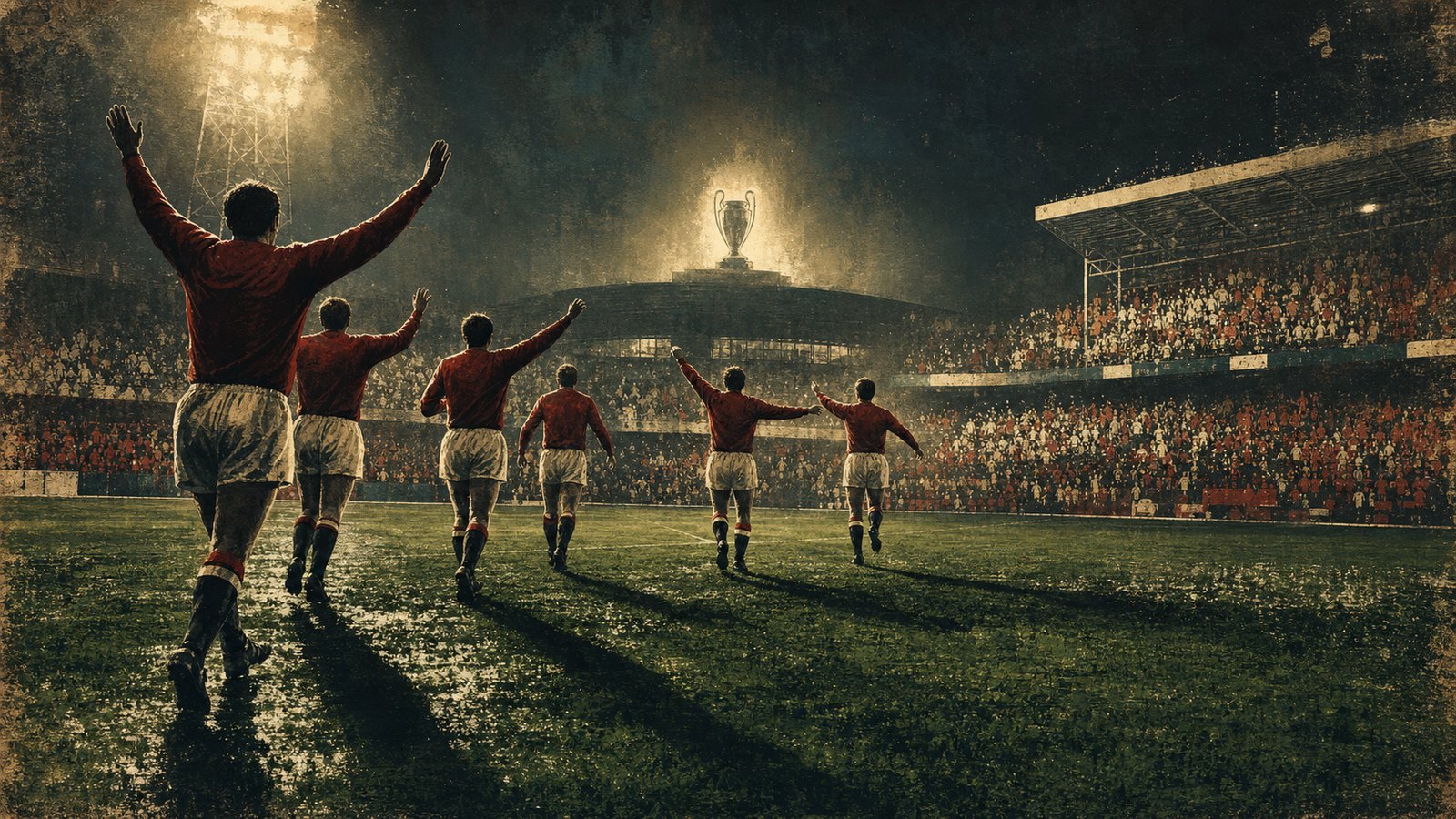 Anonymous red-shirted footballers celebrating beneath floodlights beside a trophy silhouette.
