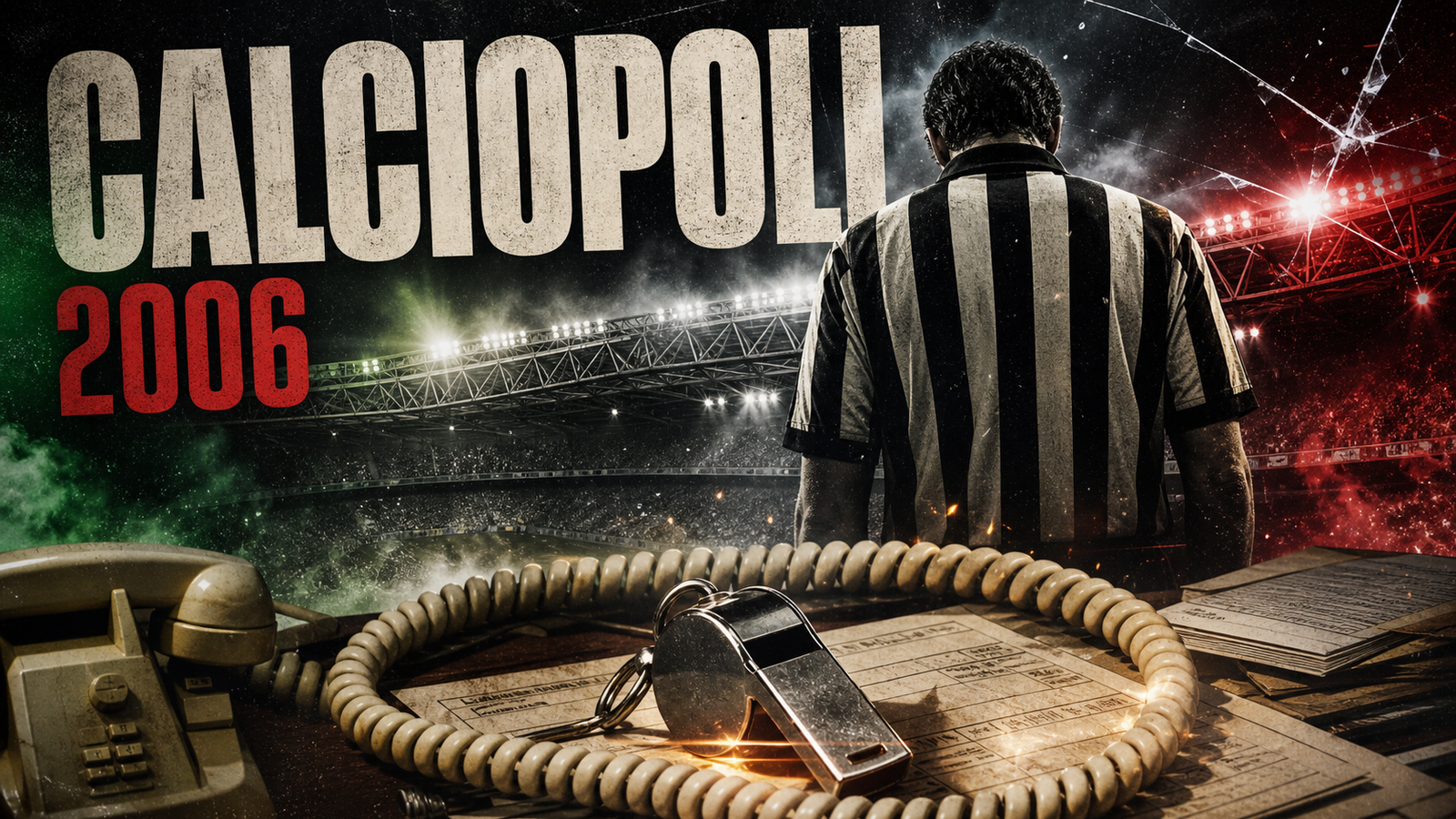 CALCIOPOLI 2006 poster with striped football shirt, stadium lights, phone cord, whistle and appointment papers