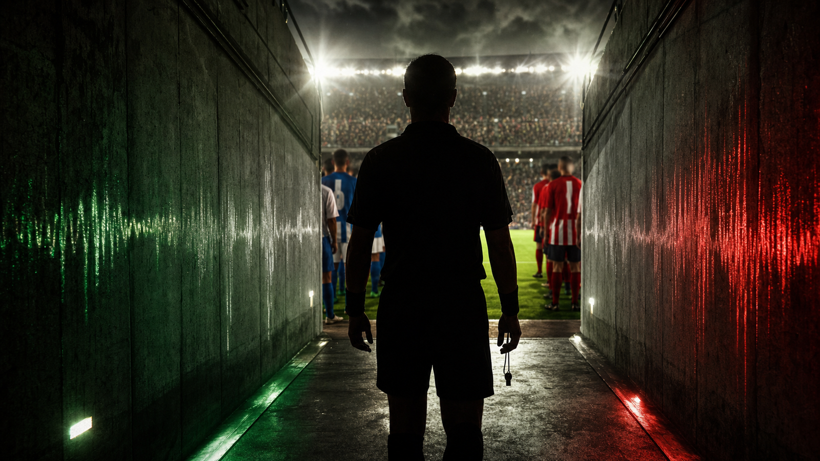 Referee silhouette in a stadium tunnel before kick-off with Italian-color lighting and players in the distance