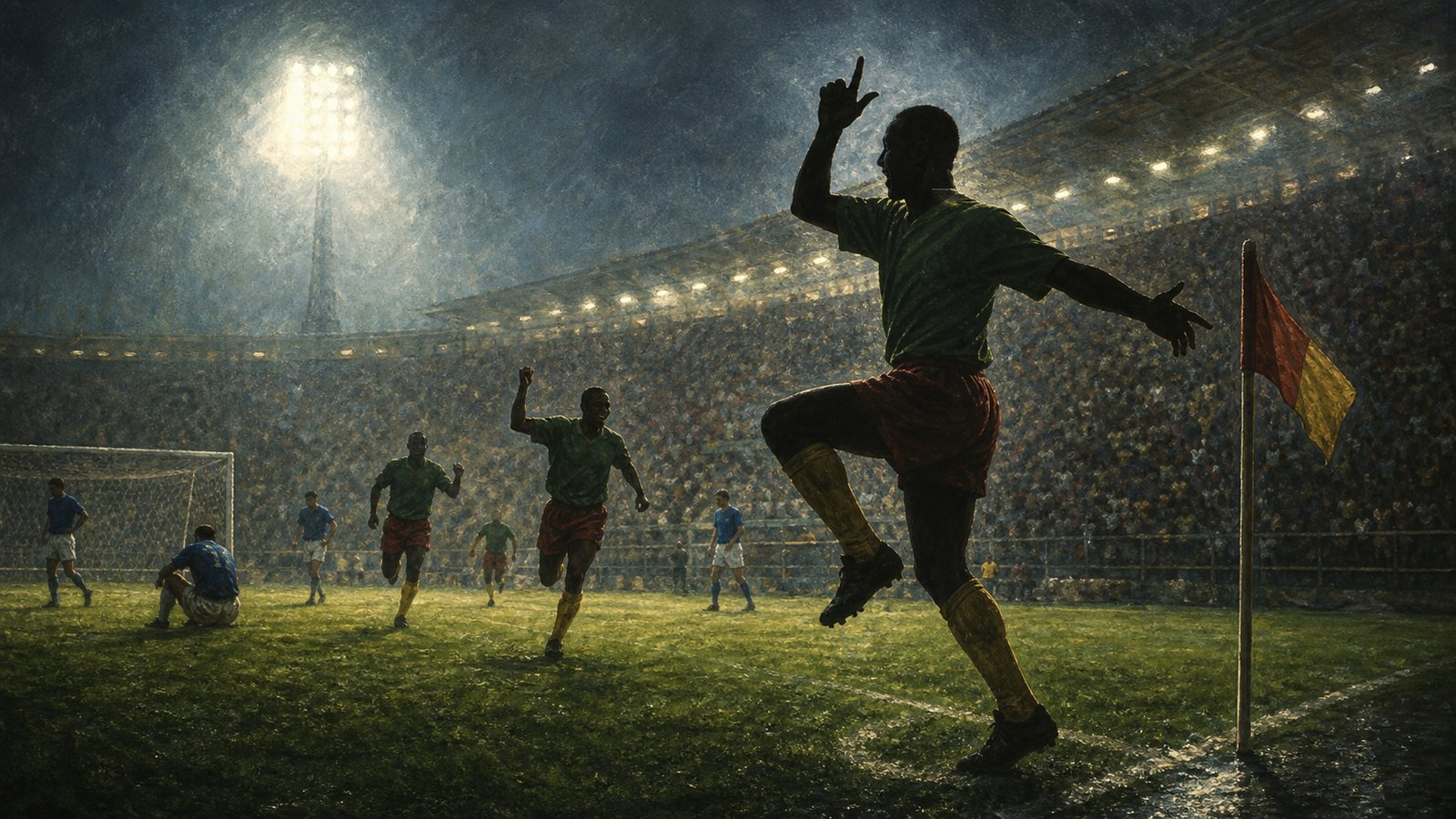 Anonymous older forward dancing near a corner flag as teammates and defenders react under Italian stadium lights