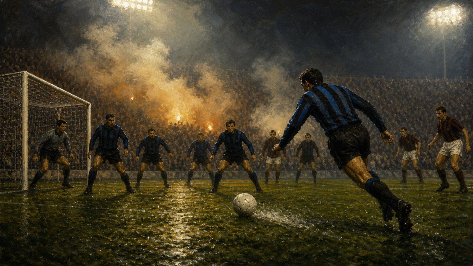 Anonymous 1960s defenders protecting the box on a wet pitch with a libero stepping behind
