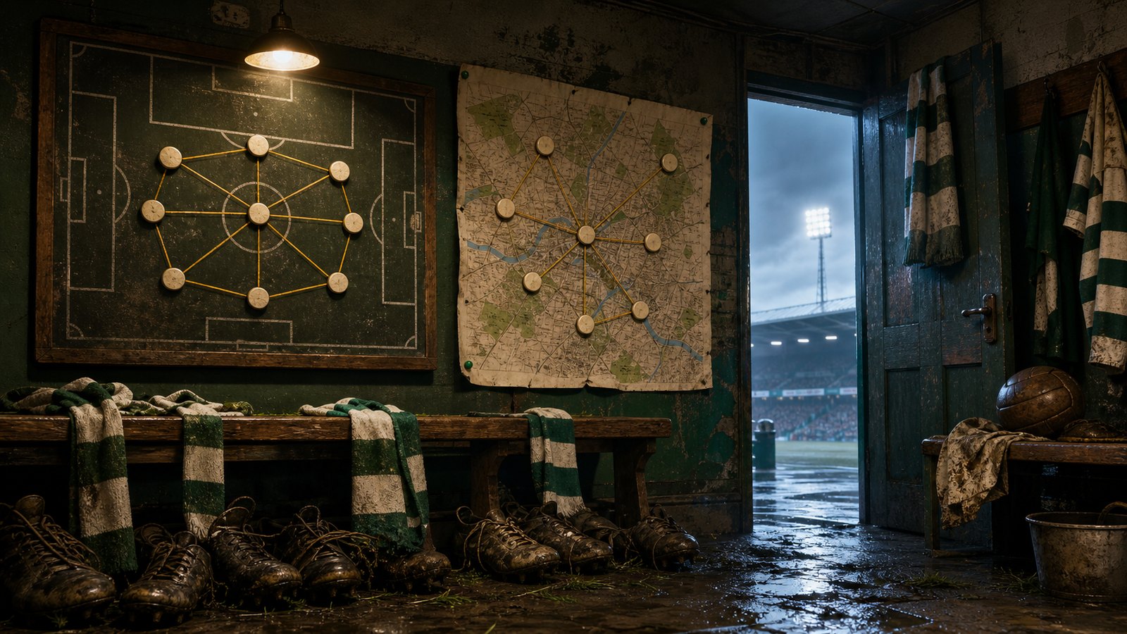 Editorial image of a dressing room map and tactical board representing Celtic’s local-player structure