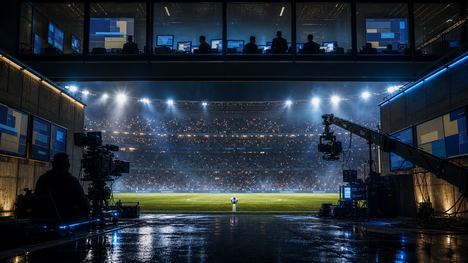 Floodlit European football stadium seen from a broadcast tunnel with TV control room and camera cranes