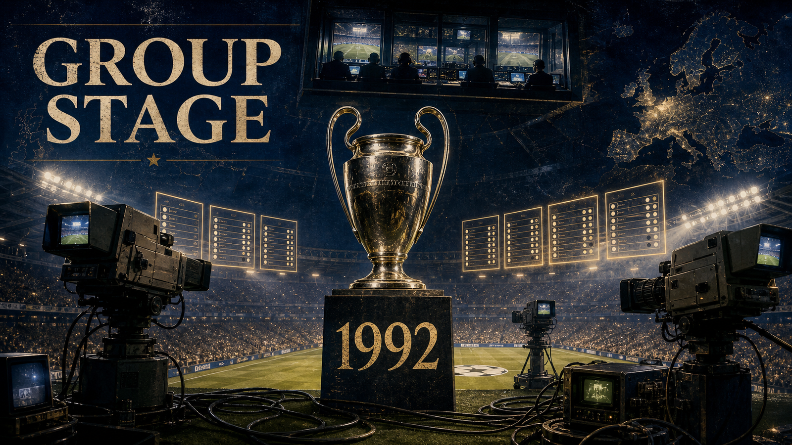 GROUP STAGE 1992 football poster with trophy silhouette, broadcast cameras, stadium and glowing fixture cards