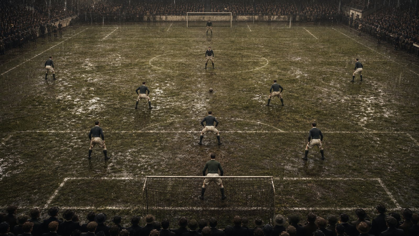 Old football pitch showing a WM tactical shape under rain and terrace lights