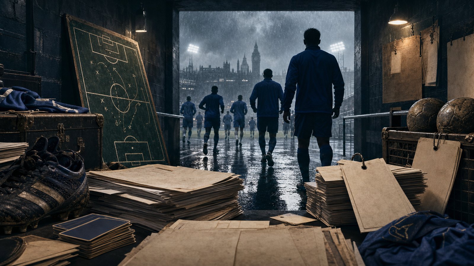 Anonymous blue-shirted players and registration papers sit inside a training-ground tunnel.