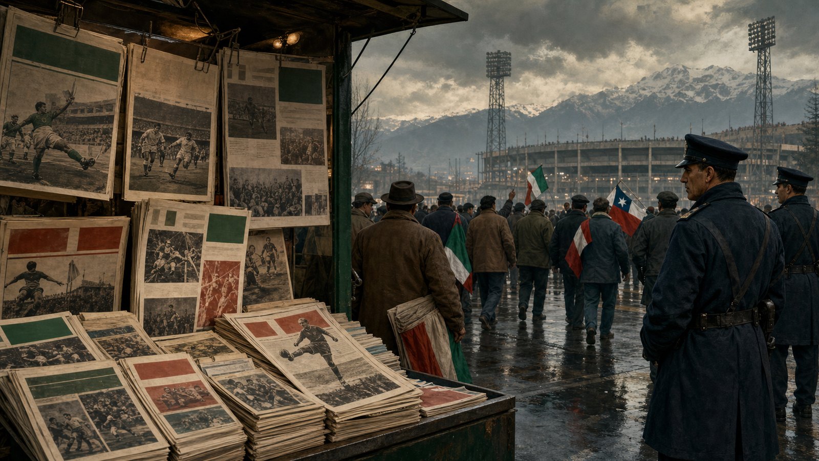 Supporters and newspapers outside the Estadio Nacional before Chile–Italy in 1962
