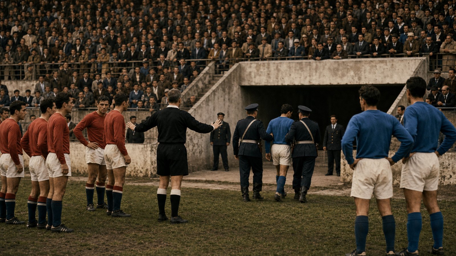 Police escorting a dismissed Italian player from the pitch in Santiago