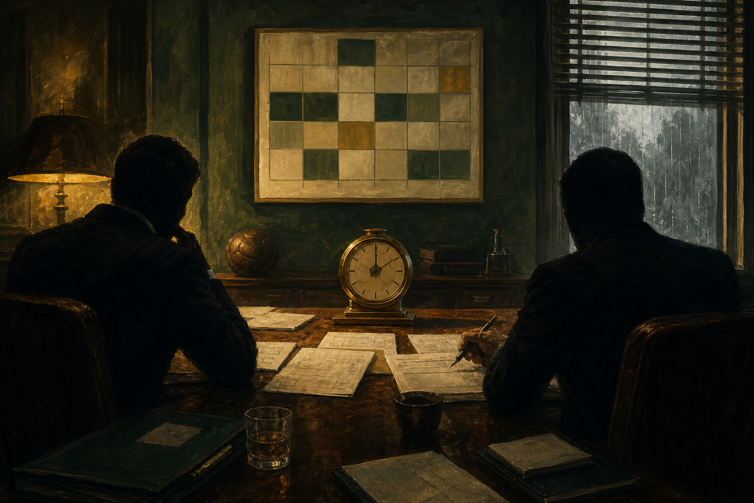 Anonymous football executives face a blank calendar and brass clock in a generic boardroom, with no club crests or sponsor logos.