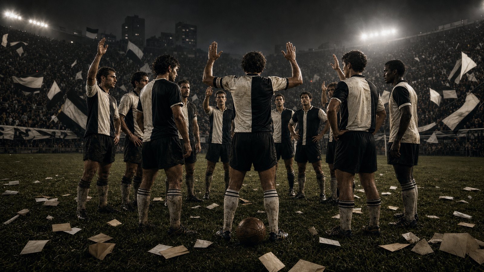 Footballers raise their hands in a floodlit huddle surrounded by paper ballots on the grass.