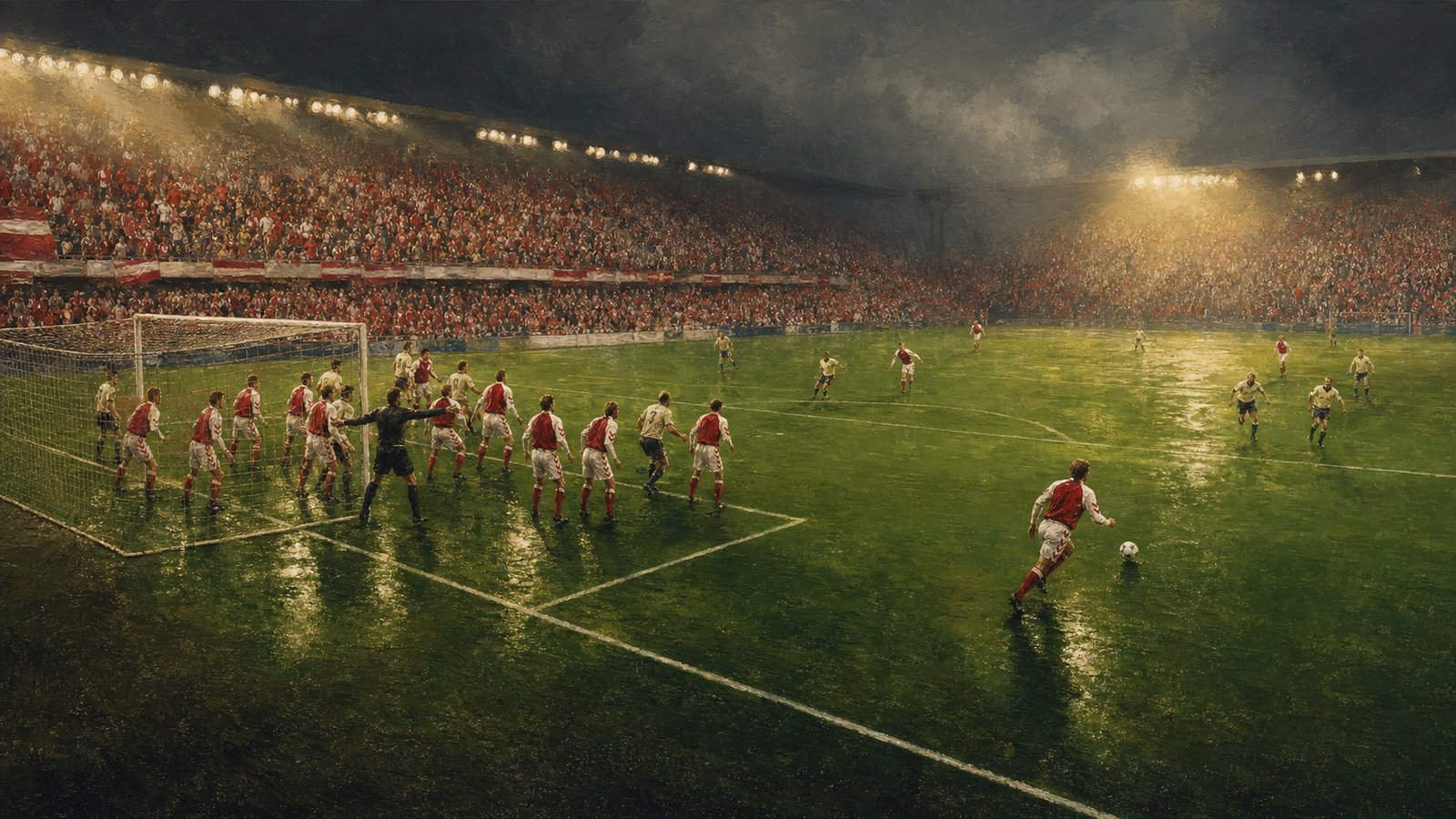 Compact red and white underdog team defending under Scandinavian floodlights