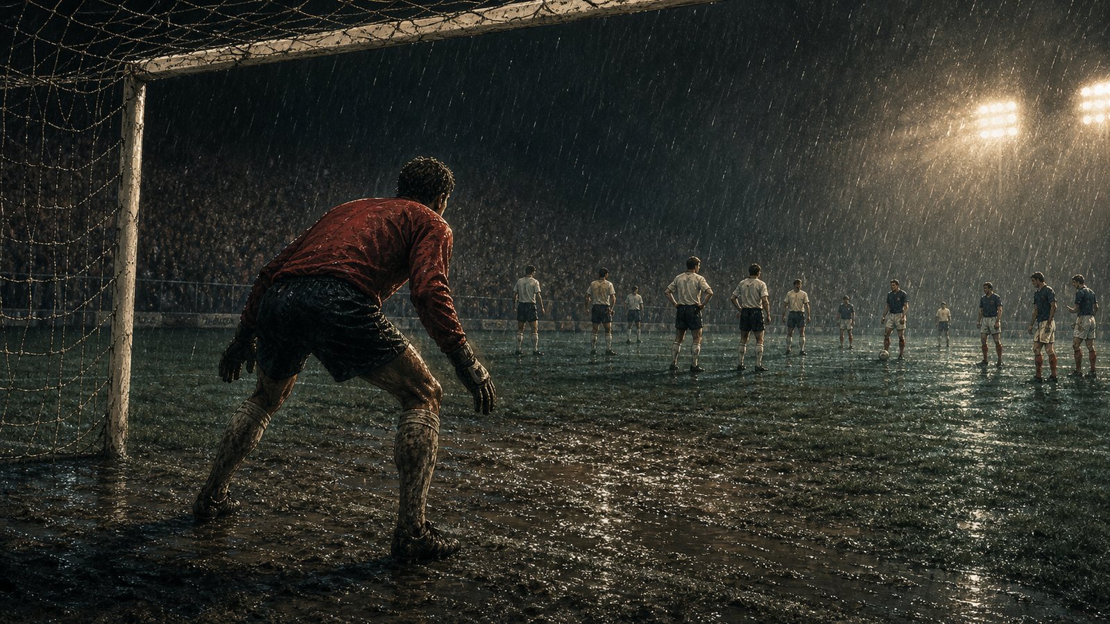A Denmark goalkeeper guards a wet goalmouth under Swedish floodlights during the Euro 1992 group stage.