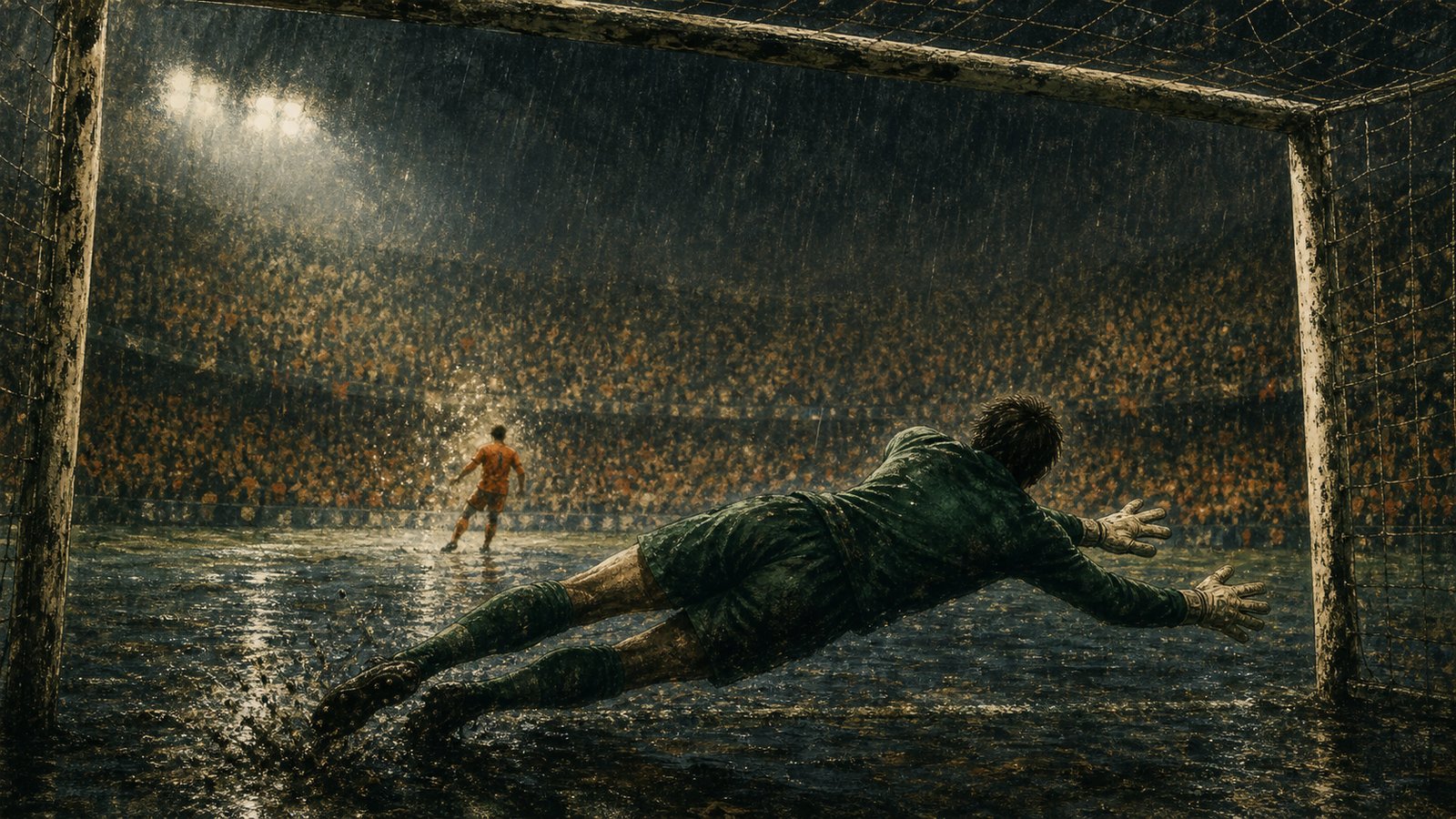 A Denmark goalkeeper dives across a rain-soaked penalty area in a Euro 1992 shootout scene.