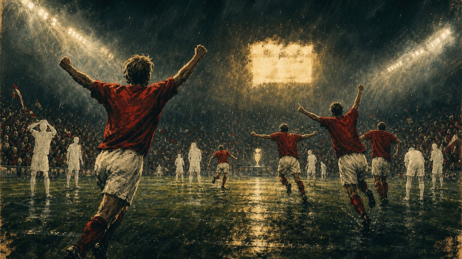 Anonymous Denmark players celebrate under floodlights after the Euro 1992 final.