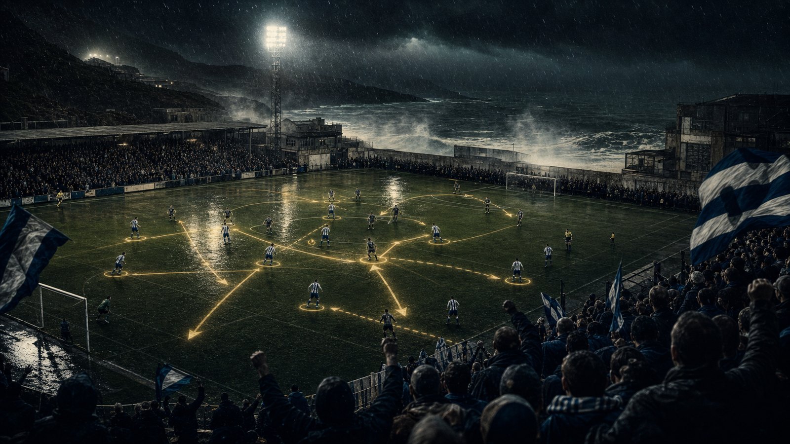 A compact coastal stadium under storm clouds with blue-and-white players pressing under floodlights.