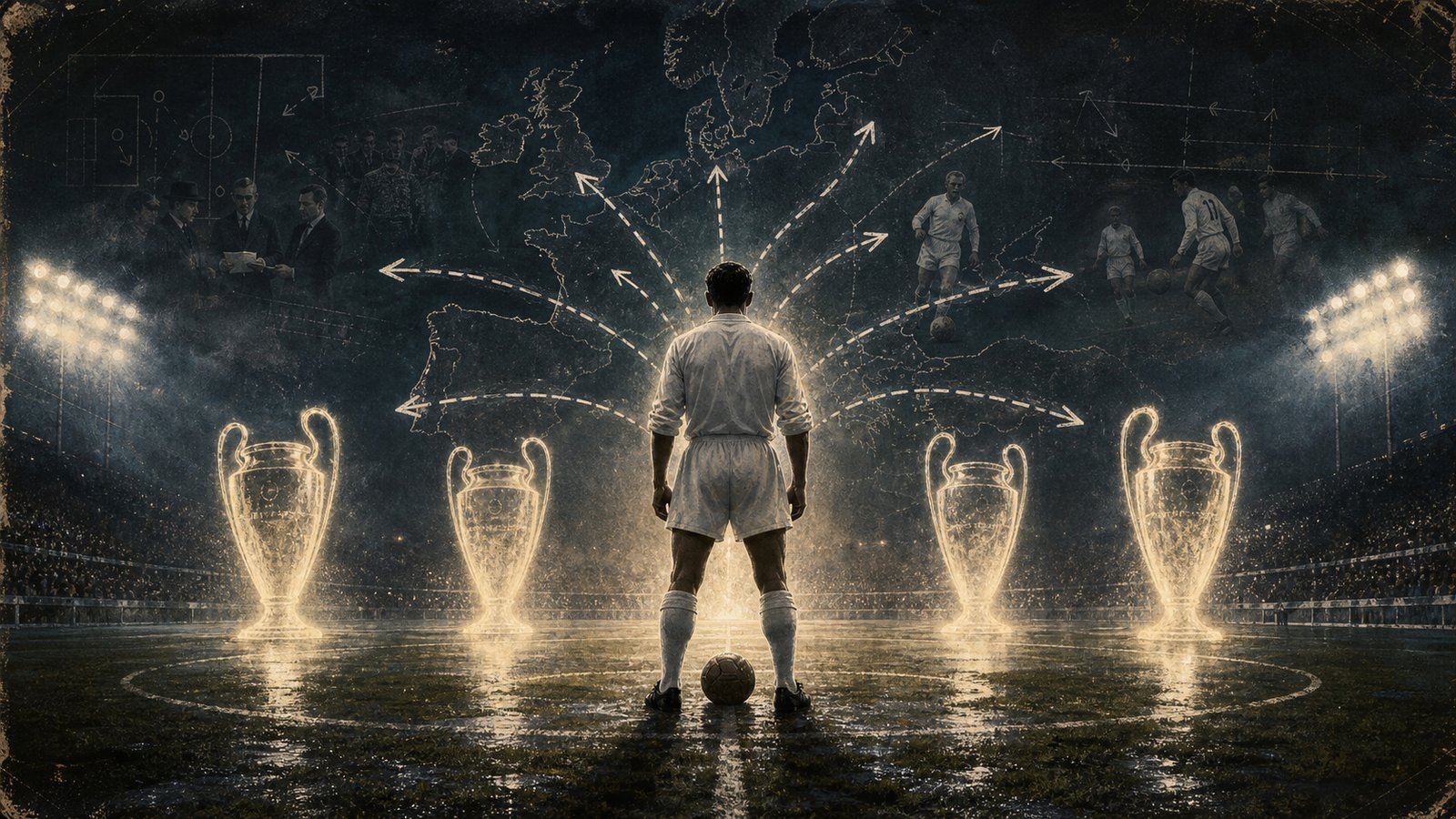 A white-shirted anonymous forward seen from behind between European trophy silhouettes and tactical arrows.