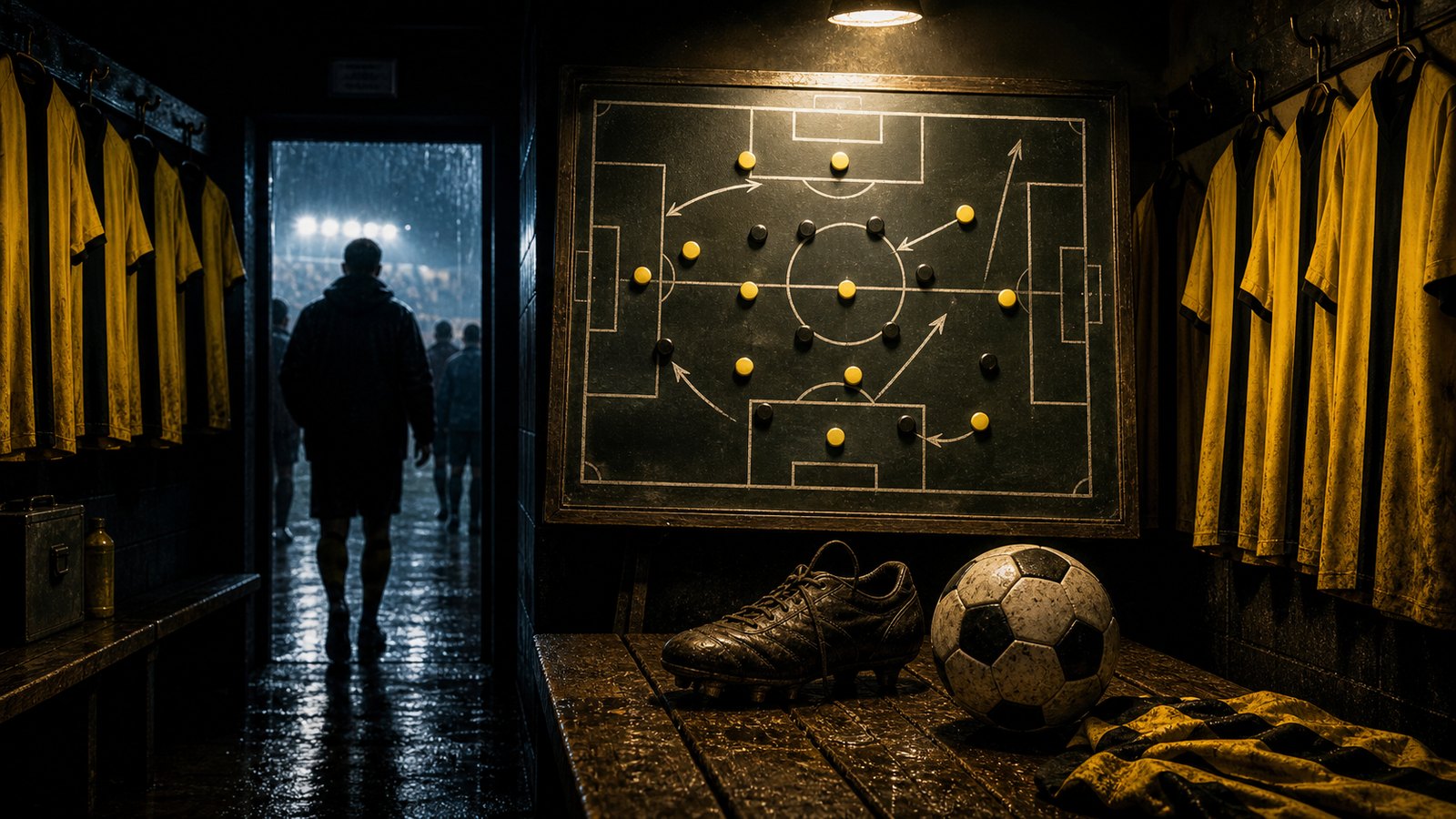 A dressing-room tactical board shows compact lines and transition routes before a European final.