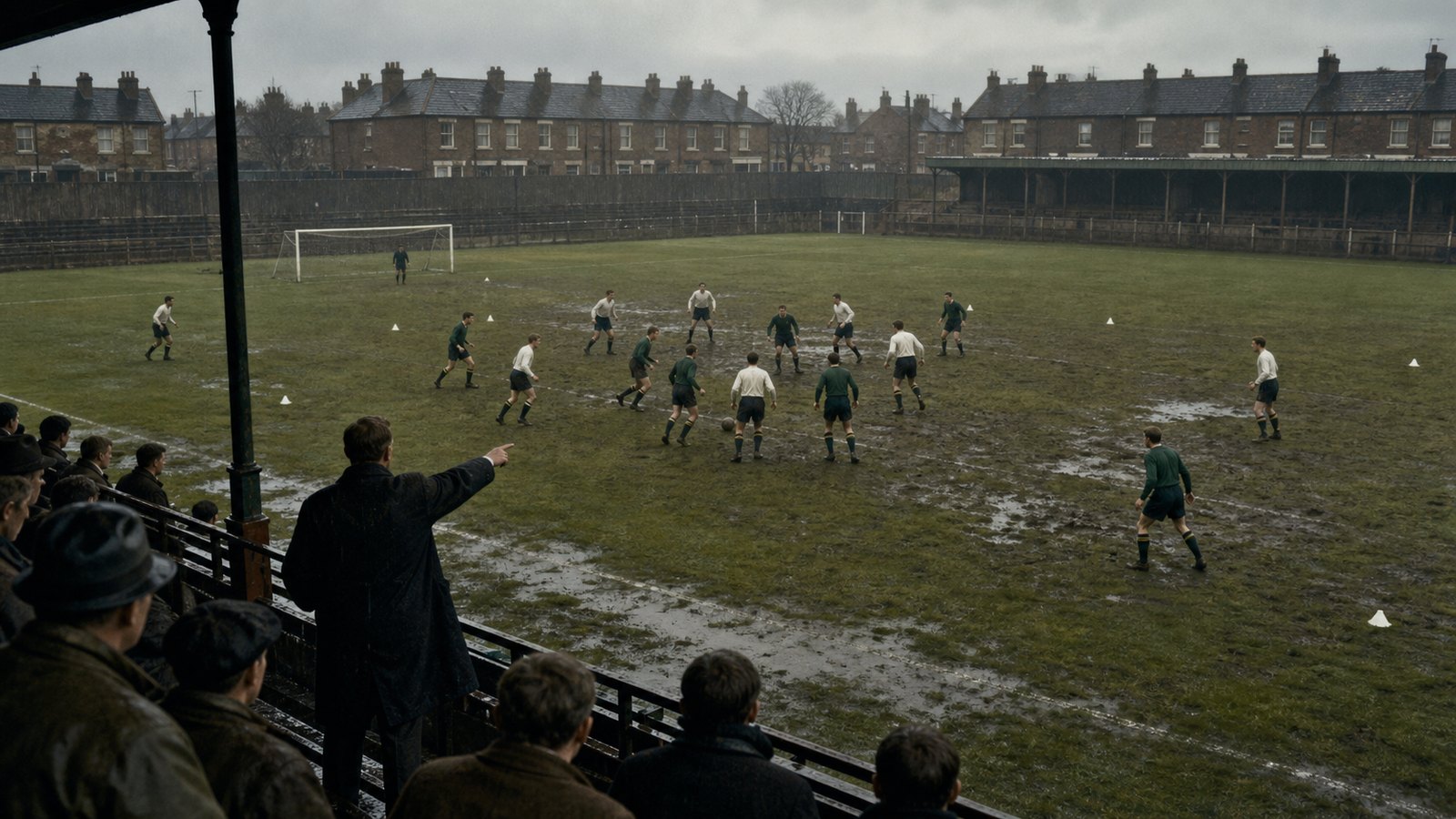 A 1960s football squad rehearsing a narrow midfield shape on a muddy training ground