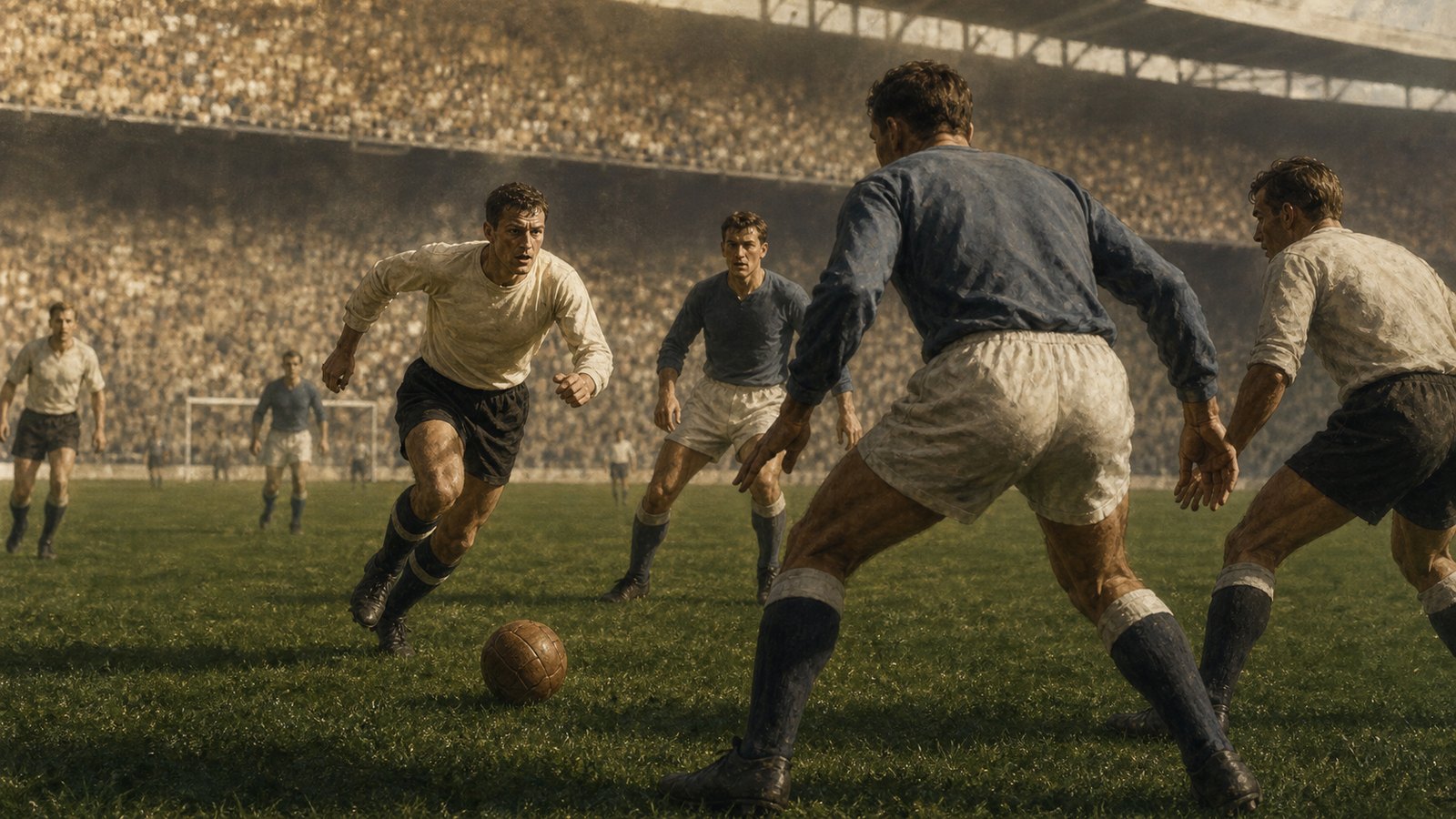 Anonymous 1960s football midfielders contesting a packed central channel in a major stadium
