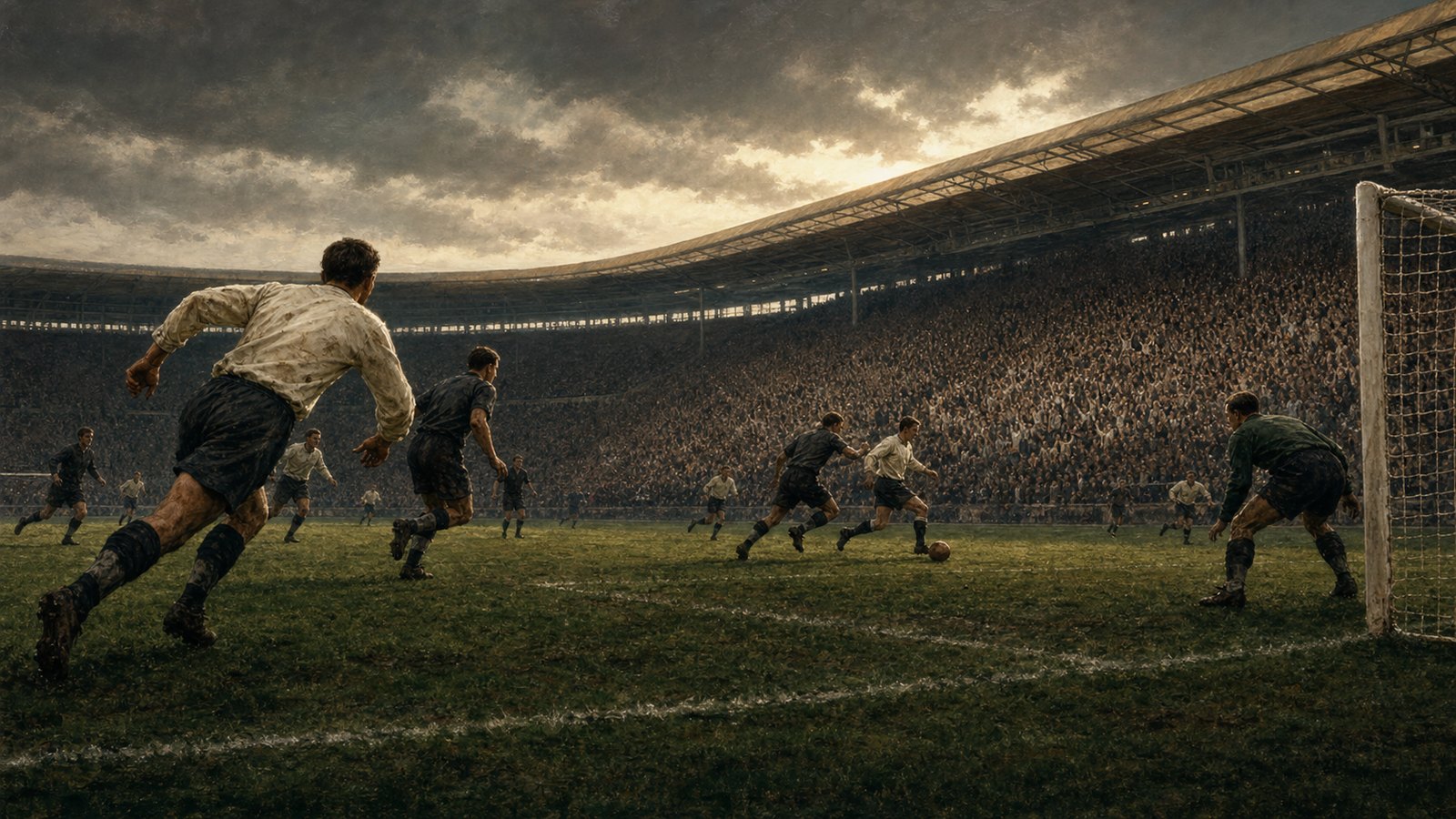 Anonymous players pushing through extra time in a packed 1960s London football stadium