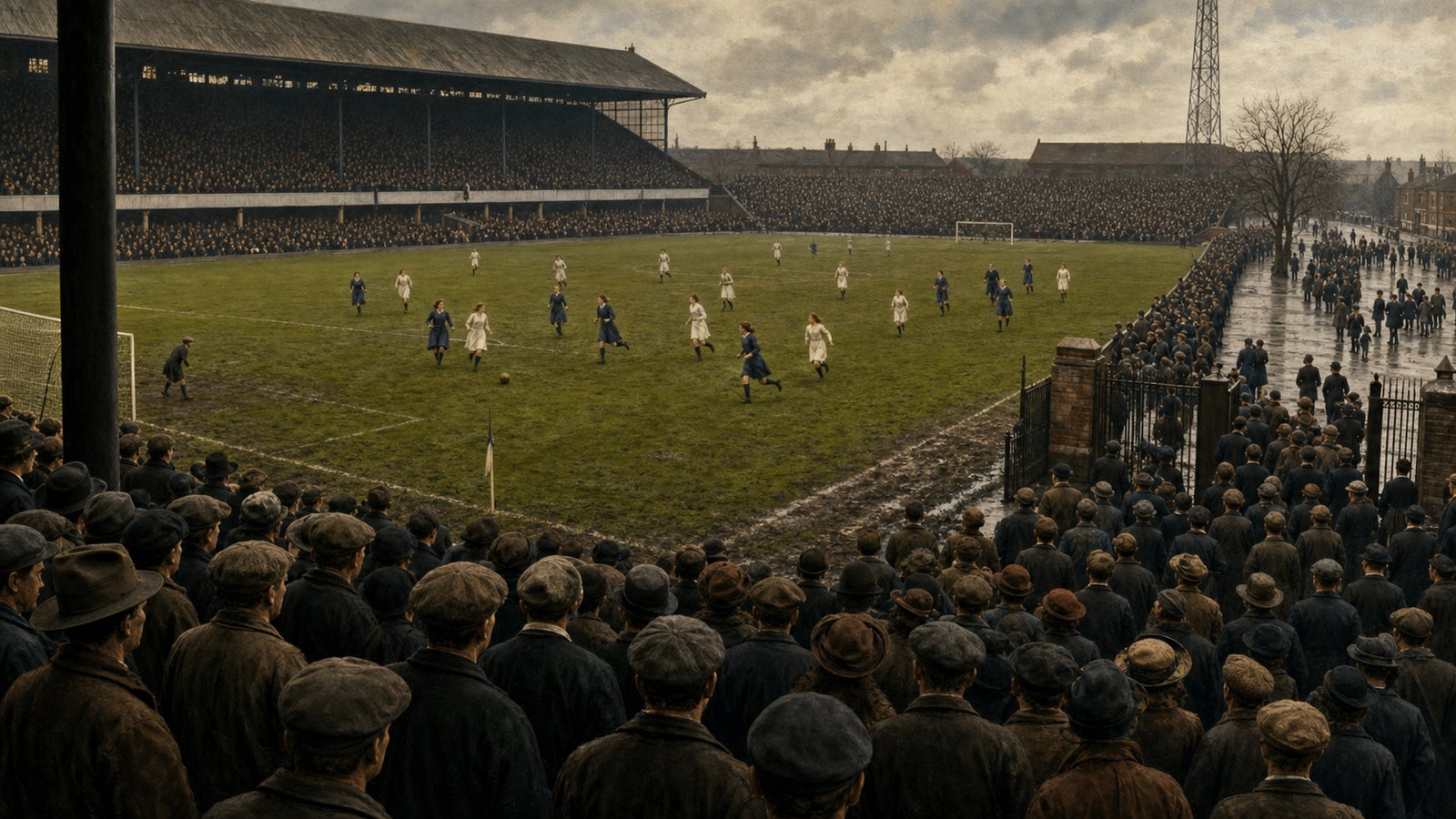 Large 1920s crowd watching a women’s football match at a generic English ground