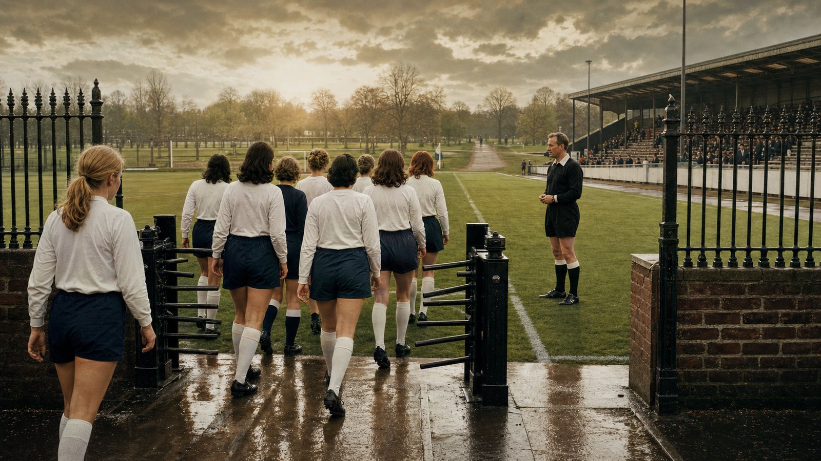 Women footballers entering an English stadium after the 1971 rule change