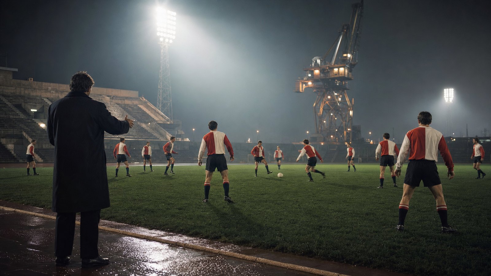 Feyenoord players train under industrial floodlights in a Rotterdam setting