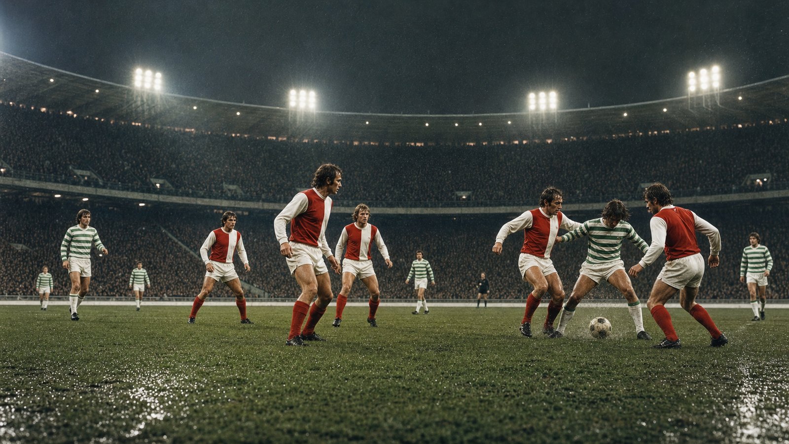 Red-and-white midfielders crowd a green-and-white winger in a 1970 final