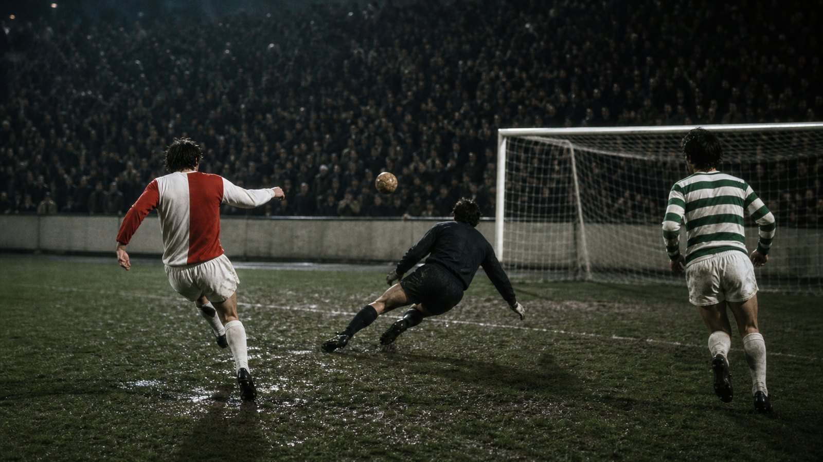 A red-and-white striker chips an advancing goalkeeper late in extra time