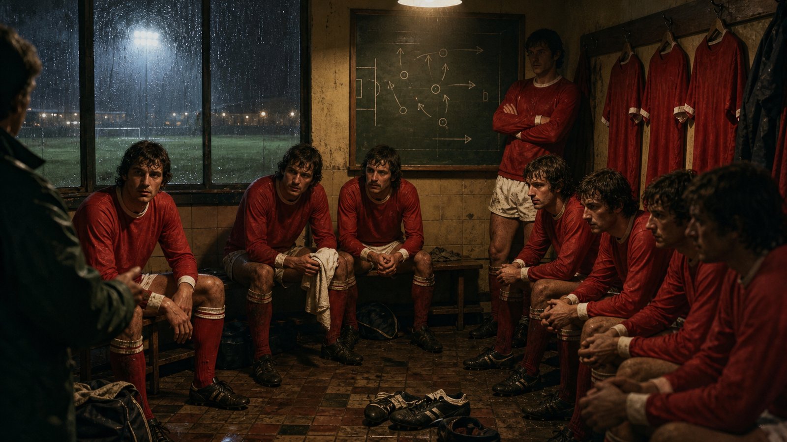 Generic red-shirted footballers in a modest dressing room during a late-1970s European night