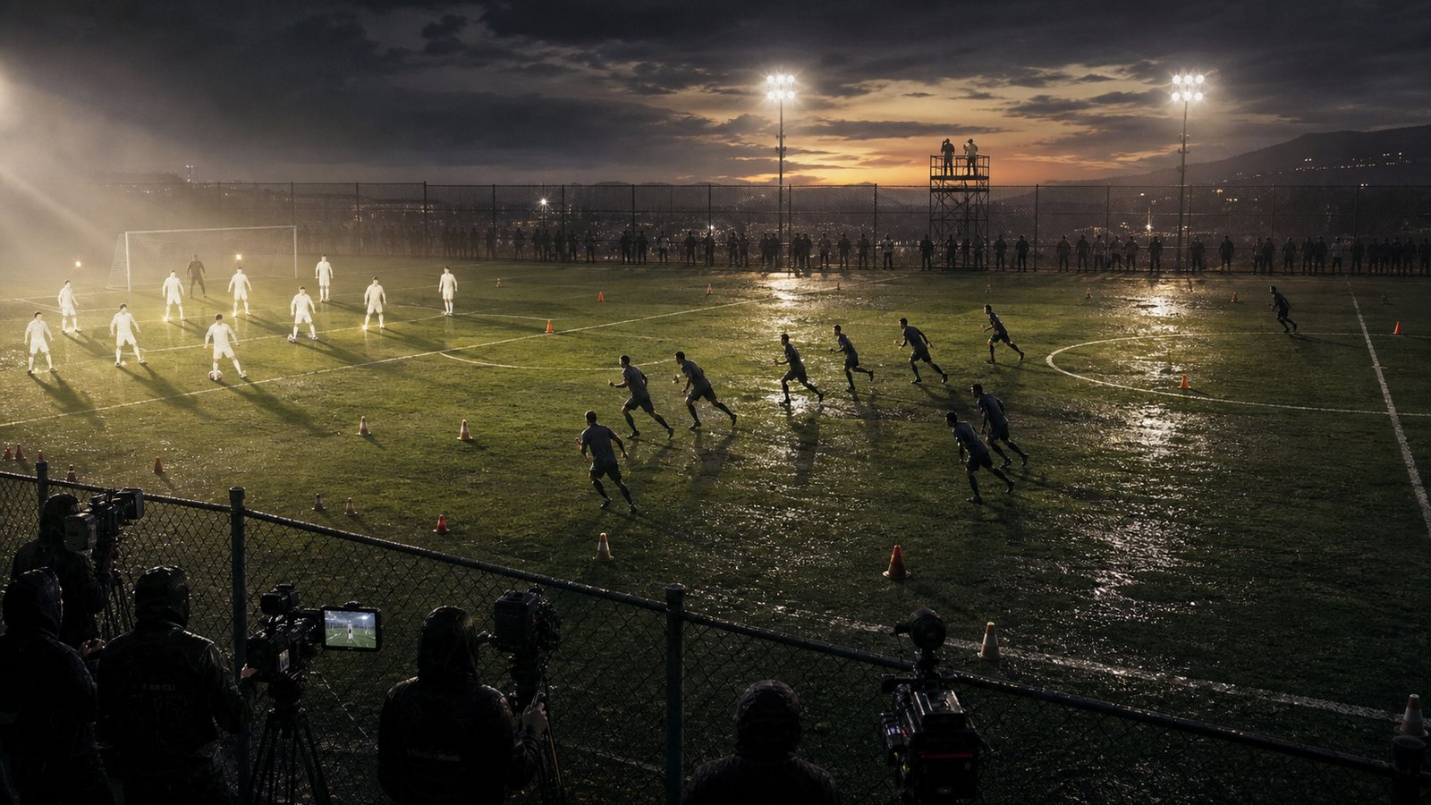 Training ground scene showing attacking glamour and a thin midfield line at dusk